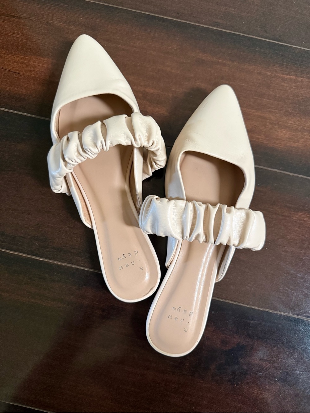 a new day Cream Ruched Strap Pointed-Toe Mules